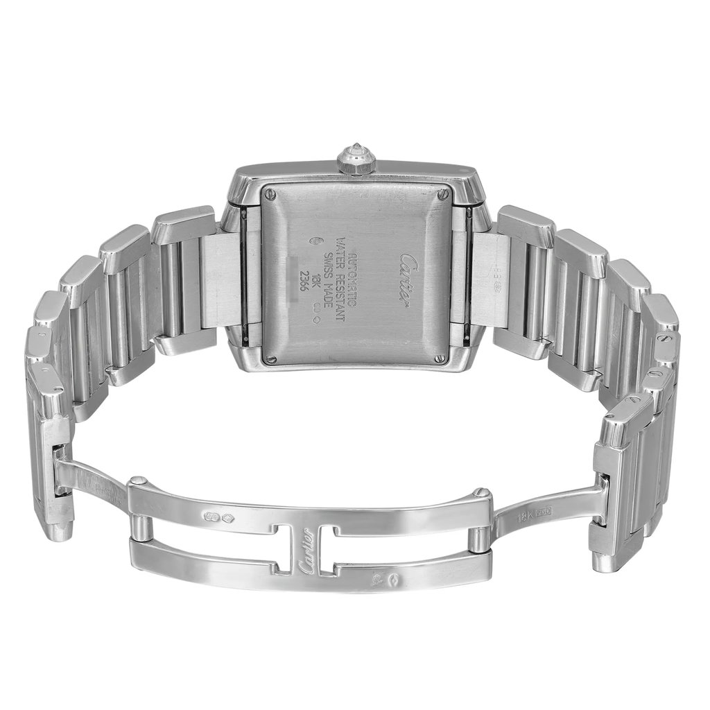 An image of a pre-owned Cartier unisex wristwatch, viewed from the back with an open clasp. The watch features a rectangular case and band made of white gold, with a screwback caseback. The closure is a hidden fold clasp, partially extended. The watch is positioned centrally against a white background, with the case lying flat and the band curving upwards and outwards on both sides, providing a clear view of the Cartier engraving on the back of the case. The image is taken from a top-down angle, showing the detail and condition of the watch. Can have minor blemishes during handling and shipping.