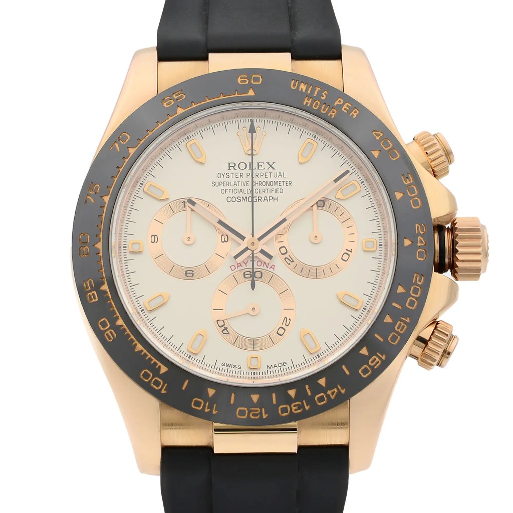 Up Close Front Facing Picture Of Rolex 116515LN Rose Gold Watch Pre Owned Condition