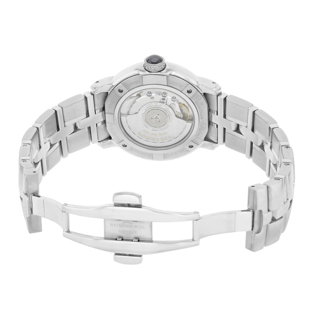 Back View Of {Caseback} Back Case And Open Stainless Steel Band Of RAYMOND WEIL 2843-ST-00608 Watch Pre Owned Condition