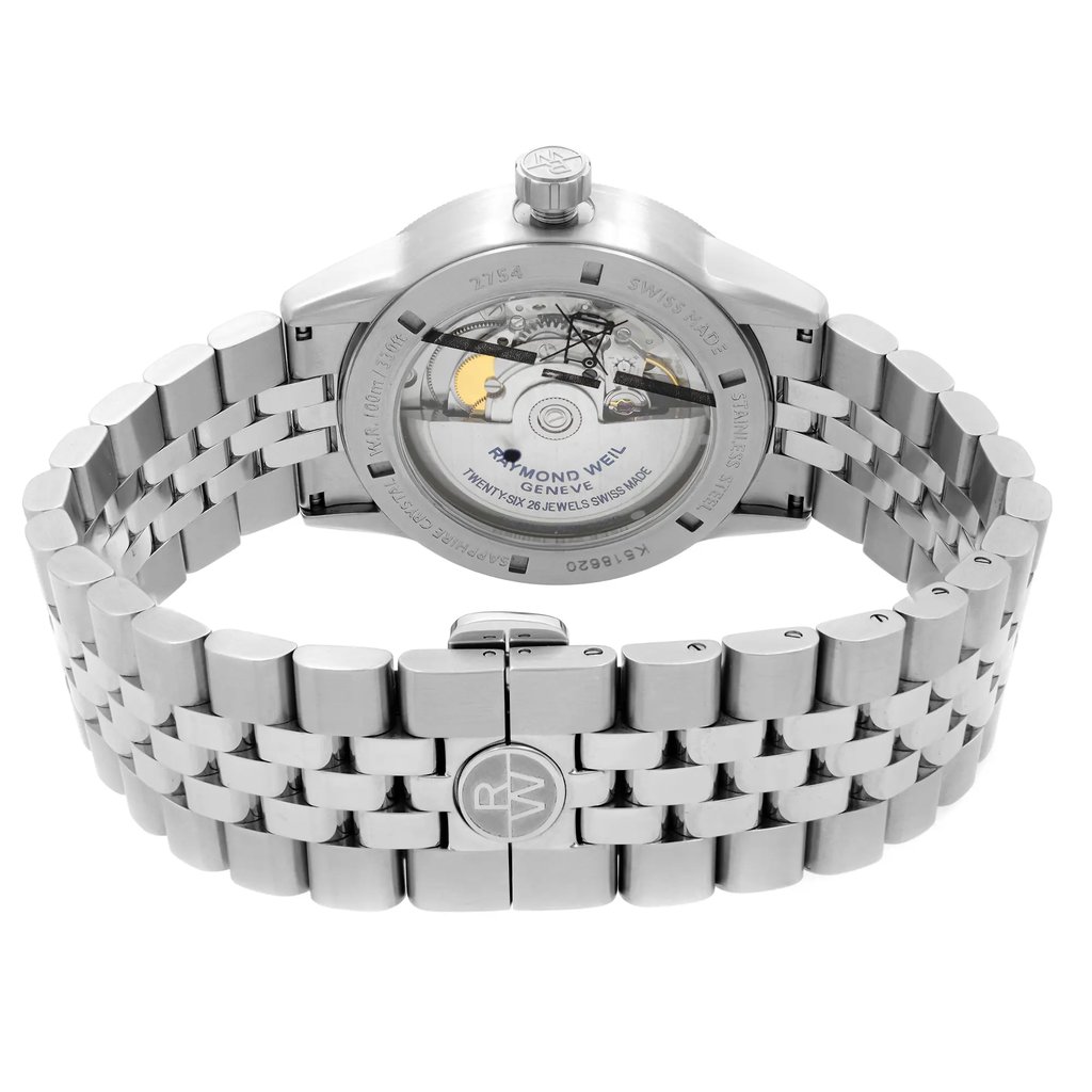 Back View Of Exhibition Back Case And Closed Stainless Steel Band Of RAYMOND WEIL 2754-ST-05500 Watch Unworn Condition