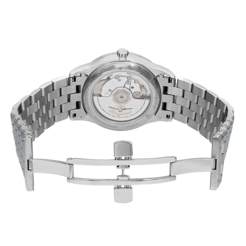 An image of a pre-owned wristwatch shown from the back view with an open clasp. The watch features a stainless steel bracelet and a transparent case back, revealing the intricate mechanical movement inside. The angle is straight on, capturing the watch at a close distance to highlight the details of the open clasp mechanism and the visible gears.