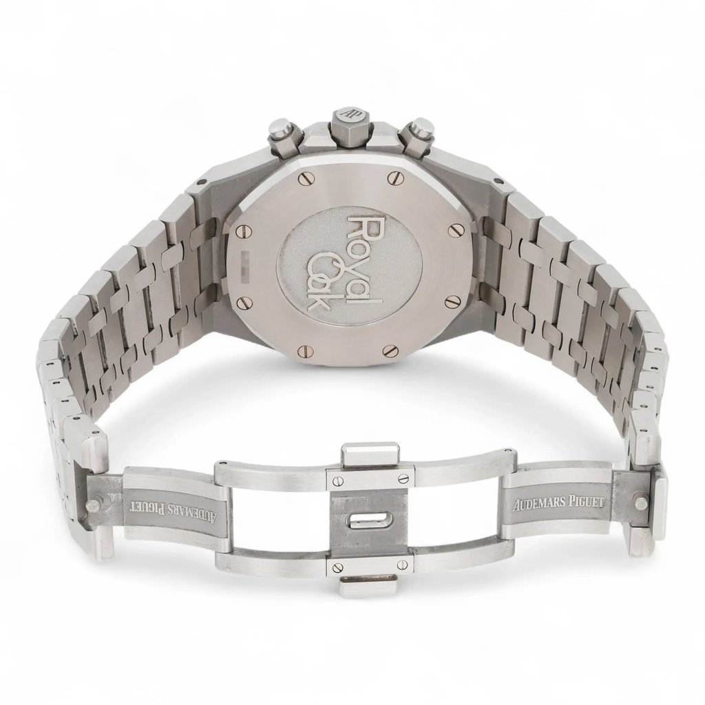 Back View Of Screwback Back Case And Open Stainless Steel Band Of Audemars Piguet 26331ST.OO.1220ST.01 Watch Pre Owned Condition