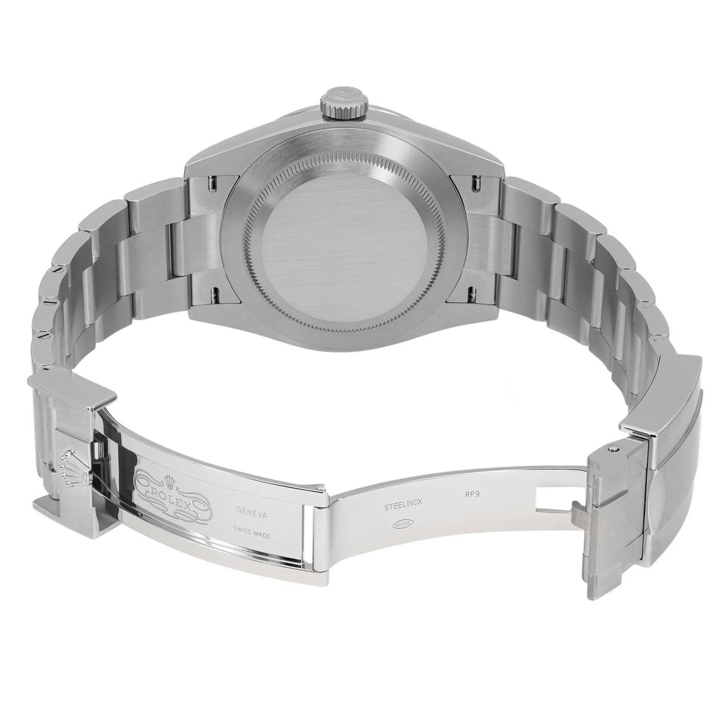 An image of a men's Rolex wristwatch displayed from the back view with an open clasp. The watch, made of stainless steel, showcases its solid caseback and fold-over clasp with safety. The round watch shape is evident, highlighting the exquisite craftsmanship. The angle provides a clear view of the band and clasp, emphasizing the new condition without tags.