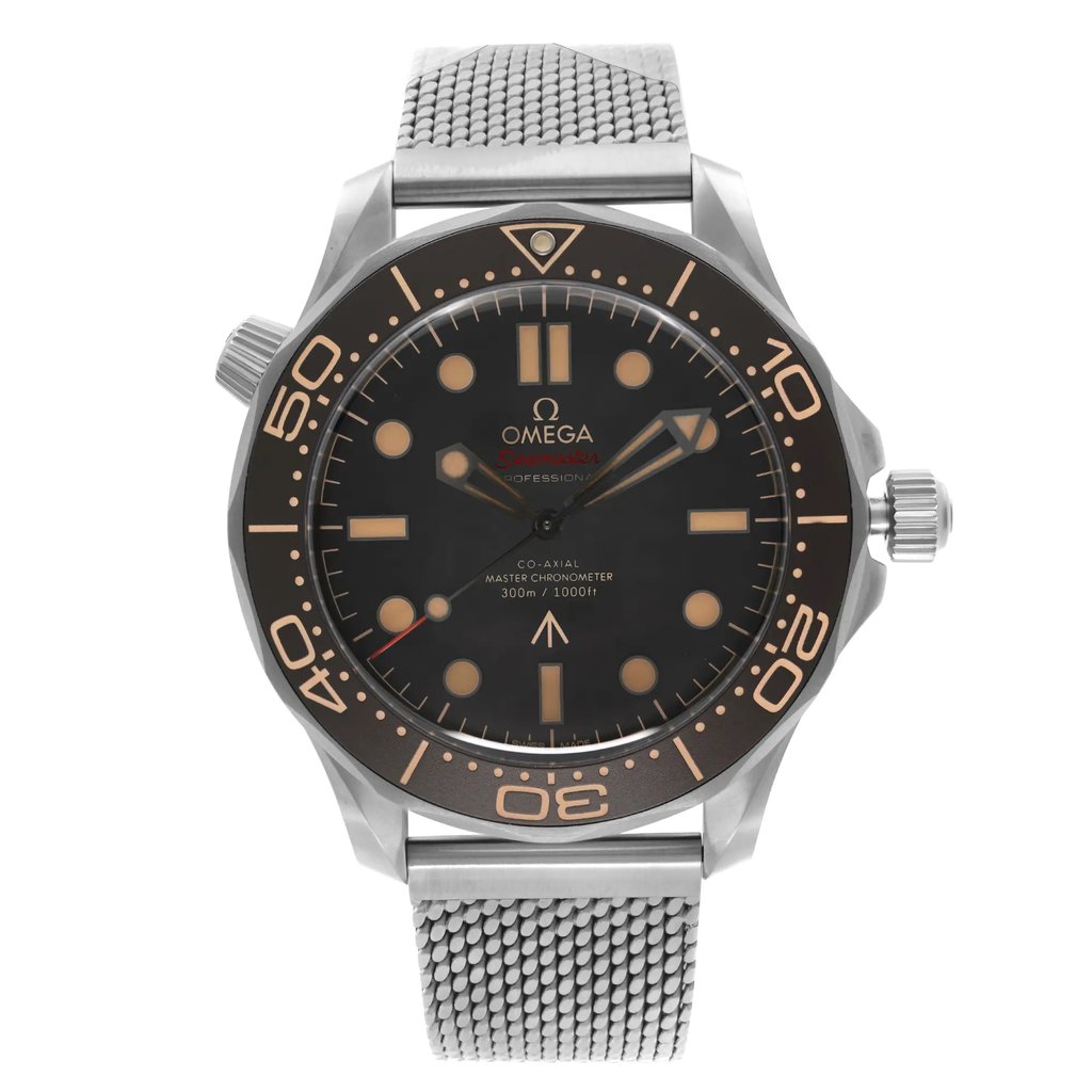An image of a men's OMEGA wristwatch, luxury style, with a front full frontal view. The display model is in excellent condition, featuring a round titanium case and a titanium band with a textured design. It has a black dial and black bezel, with non-numeric hour marks and 12-hour dial indices, complemented by luminous hands. The Omega logo and "Seamaster" text are visible on the dial, along with the words "CO-AXIAL MASTER CHRONOMETER 300m / 1000ft" indicating its water resistance. The image is a close-up, capturing the watch face and a portion of the band, providing a clear view of the watch's features.