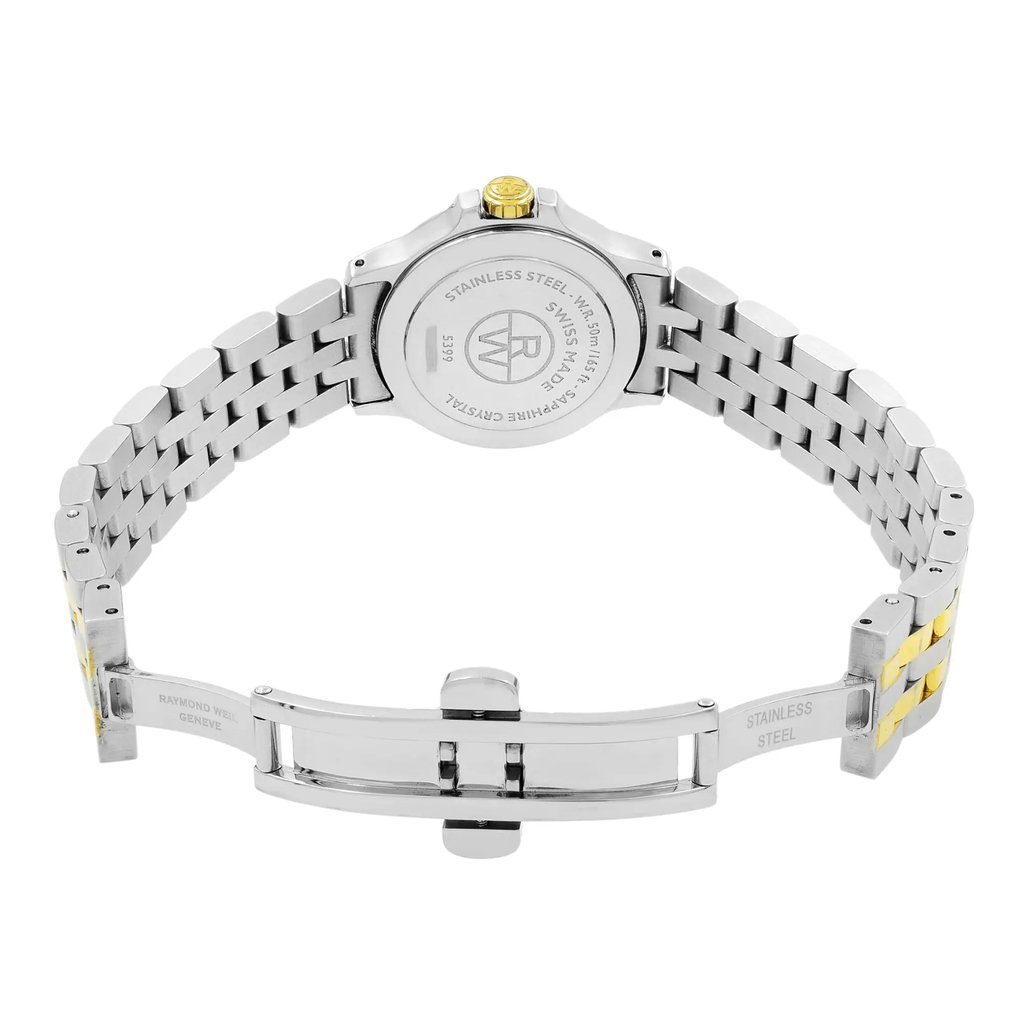 Back View Of Solid Back Case And Open Stainless Steel Band Of RAYMOND WEIL 5399-STP-00657 Watch Pre Owned Condition