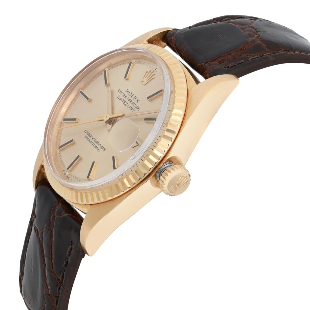 View Of Crown Facing Side Of Rolex 1601 Yellow Gold Watch Pre Owned Condition
