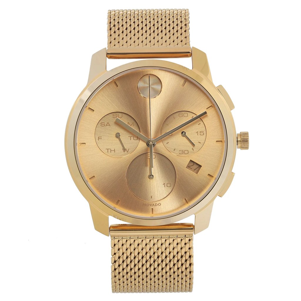 An image of a wristwatch taken from a front full frontal view. The watch is gold-toned with a mesh band and features a round face with multiple subdials. The condition is new with defects. The image showcases the watch directly, highlighting its design and details.