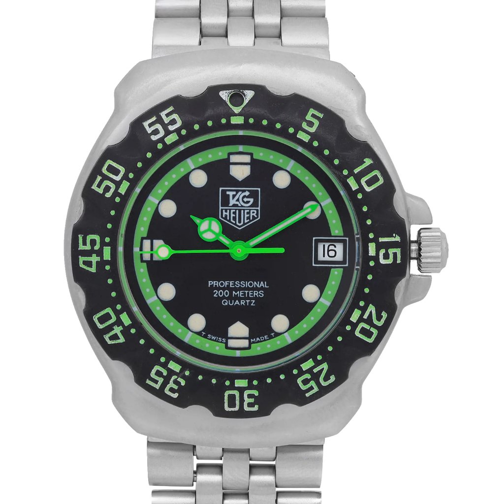 Up Close Front Facing Picture Of TAG Heuer 375.513 Stainless Steel Watch Pre Owned Condition