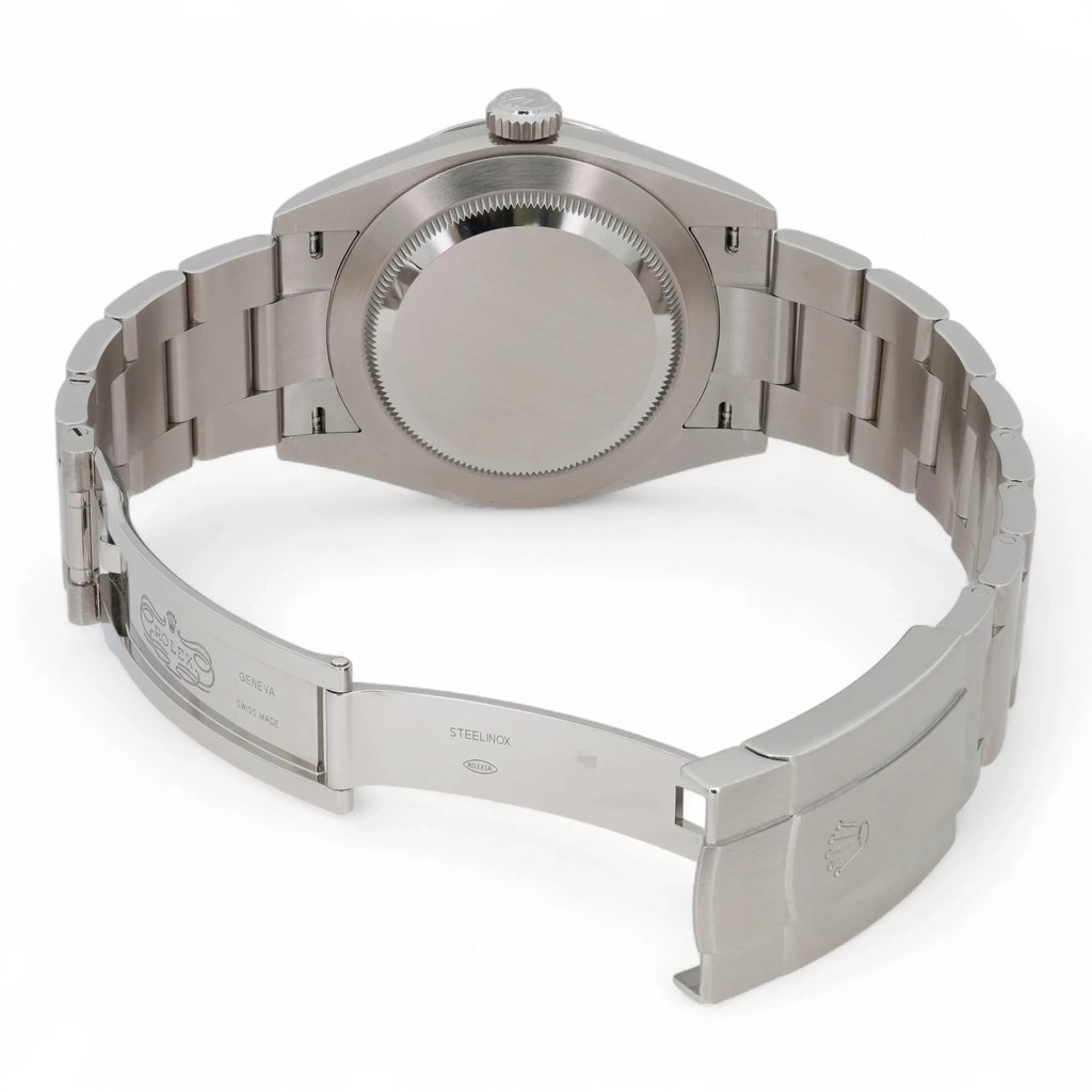 Back View Of Solid Back Case And Open Stainless Steel Band Of Rolex 134300 Watch Unworn Condition