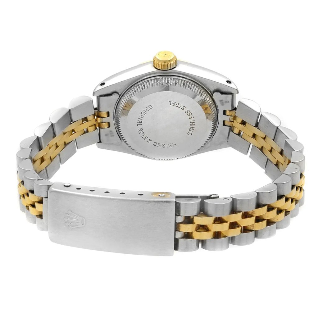 Back View Of {Caseback} Back Case And Closed Stainless and Solid Gold Band Of Rolex 69173 Watch Pre Owned Condition