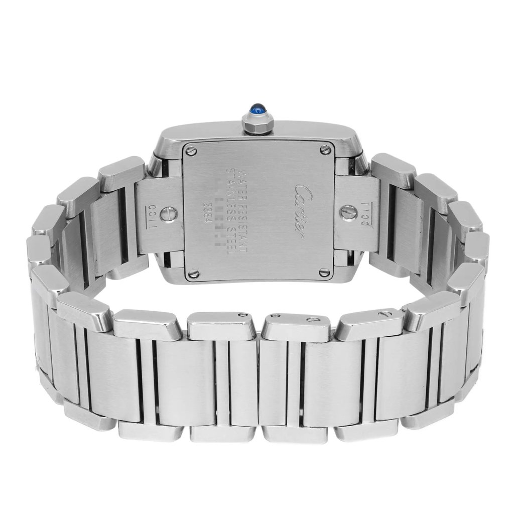 An image of a pre-owned wristwatch viewed from the back, showing a close-up of the clasp. The watch is positioned centrally, with the metal bracelet prominently displayed. The angle captures the rectangular back case, featuring engraved details, and highlights the smooth, polished links of the bracelet in a slightly open position, allowing a clear view of the clasp mechanism.