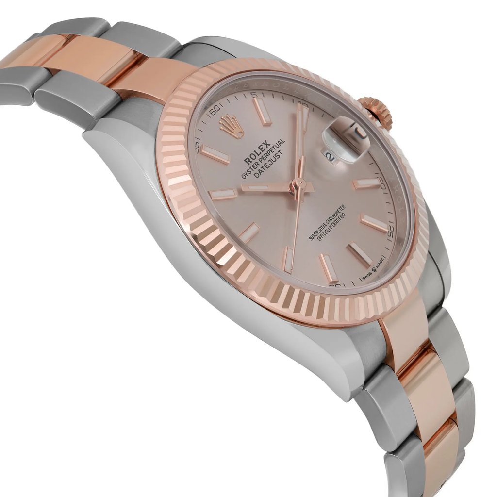 An image of a men's luxury Rolex wristwatch, displayed as a side profile view from the side opposite the crown, at a close distance. The watch features a round shape with a sundust dial, rose gold bezel, and date indicator. Luminous hands are visible on the dial. The band is made of a combination of rose gold and stainless steel, while the case is stainless steel. The watch is positioned at an angle that highlights the side profile and the seamless integration of the band and case.