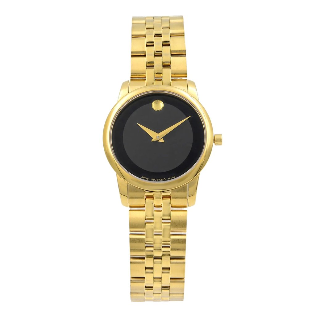 An image of a Wristwatch by Movado. This Pre Owned item is designed for Women, featuring a Casual style. It has a Quartz movement and an Analog display with a Black dial color. The indices include 12-Hour Dial,Non-Numeric Hour Marks. The band is made of Stainless Steel and the case is made of Stainless Steel. The watch has a Round shape with a case size of 28 mm and a case thickness of 6 mm.