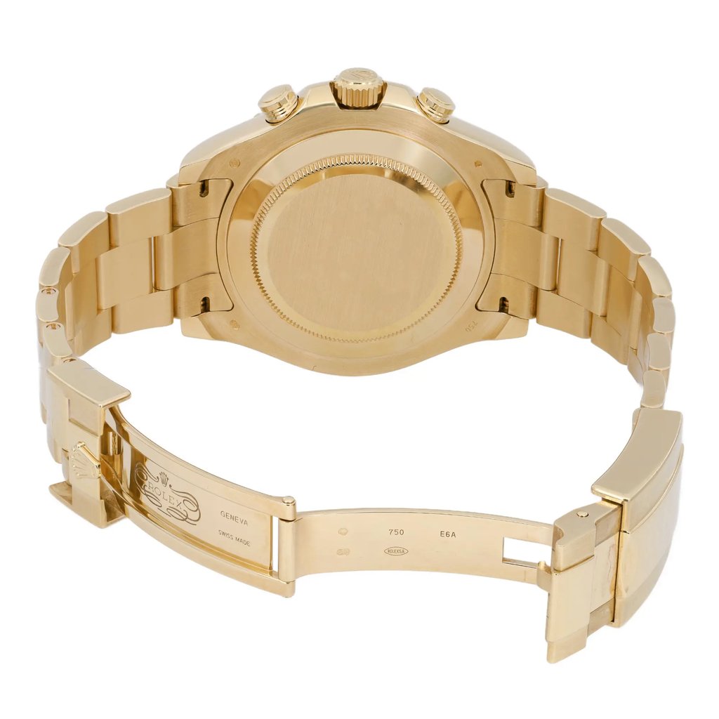 An image of a pre-owned wristwatch displayed from the back view with an open clasp. The watch is positioned centrally and viewed at a slight downward angle, showcasing the detailed engravings on the clasp. The distance is close enough to capture the texture and finish of the metal links and case, highlighting its polished appearance.