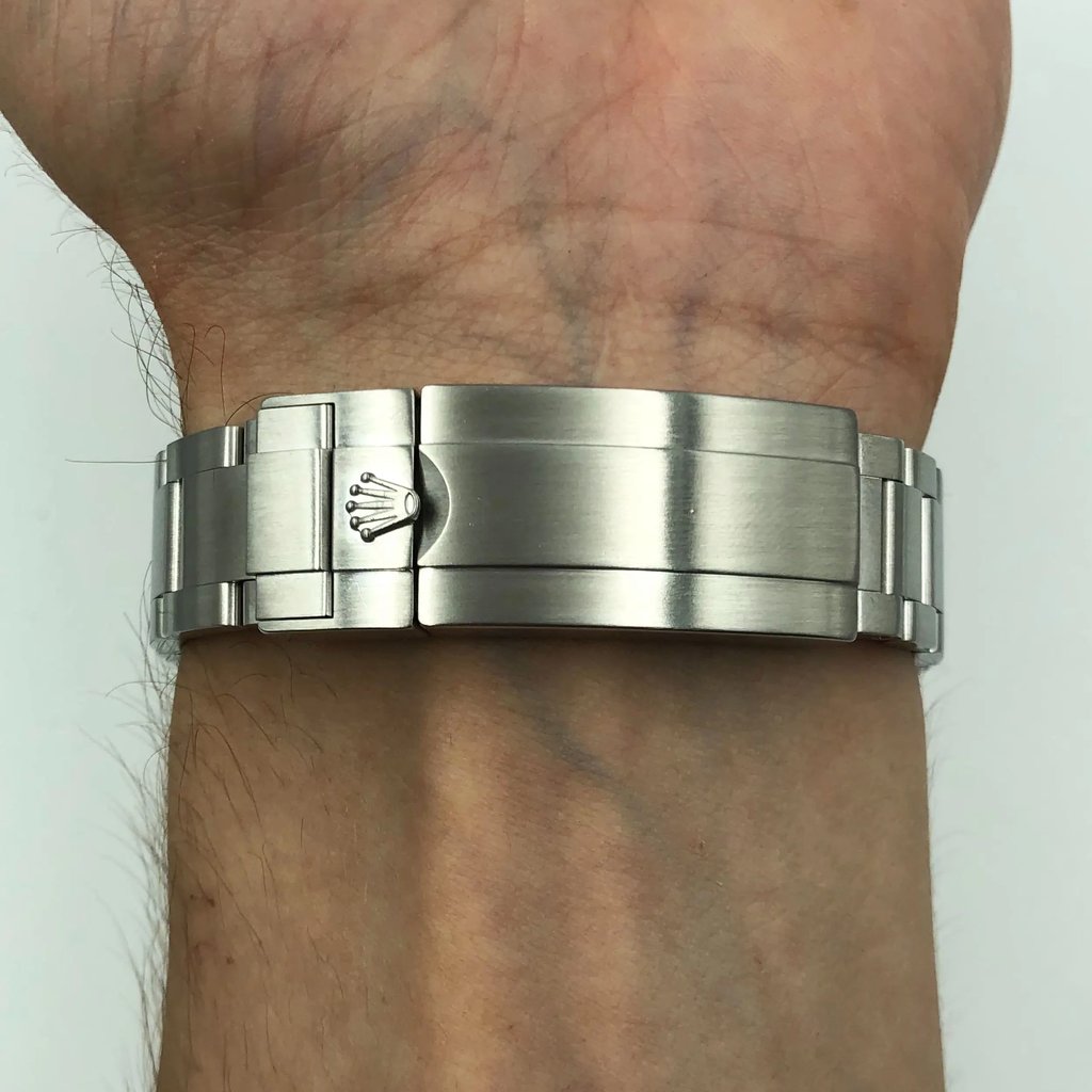 Back View Of Screwback Back Case And Closed Stainless Steel Band Of Rolex 114060 Watch Pre Owned Condition