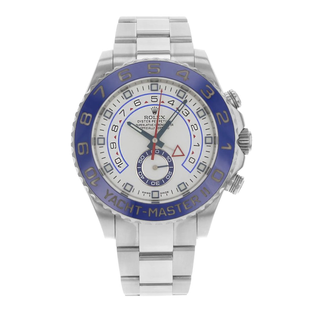 An image of a pre-owned wristwatch captured from a front full frontal view. The watch features a silver metal bracelet and a round face with a blue bezel. The dial includes bold numerals and intricate smaller dials, with visible buttons on the right side of the case. The photograph is taken at a close distance, showcasing the details and design of the watch.