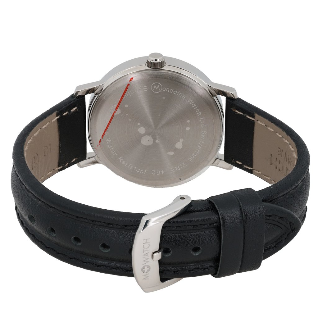 Back View Of Snap Back Case And Closed Leather Band Of M-Watch WBB.45210.LB Watch Unworn Condition