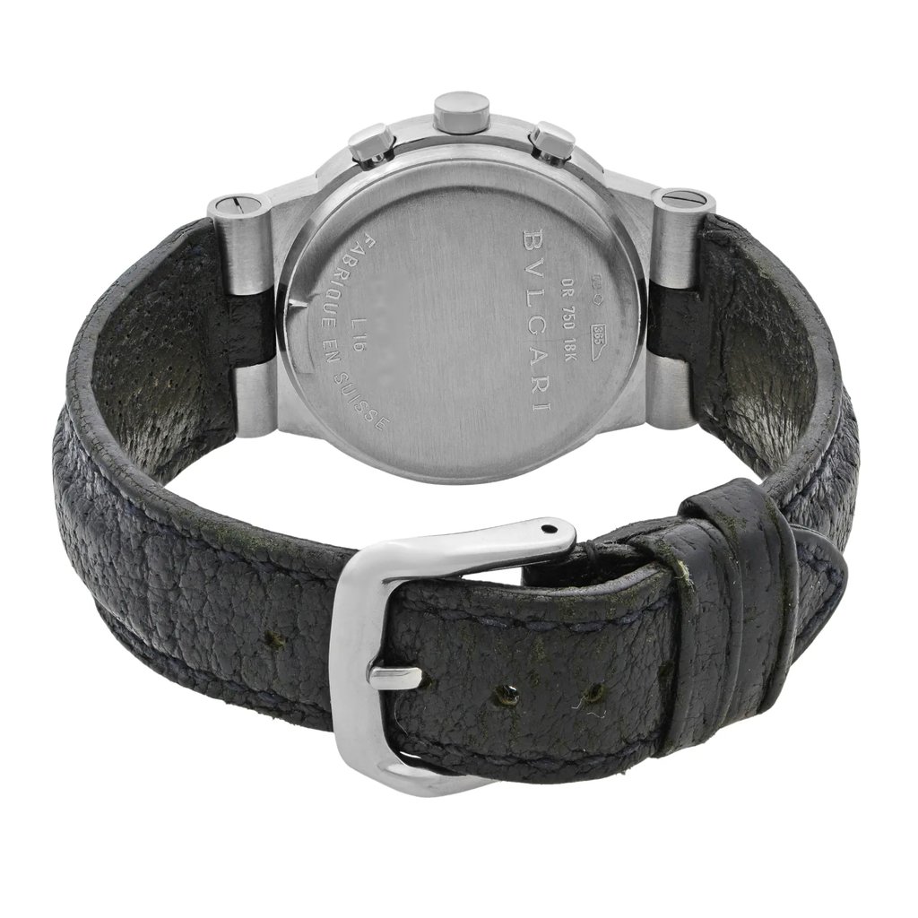 An image of a pre-owned wristwatch showing the back view. The watch is positioned upright, with a focus on the closed clasp. The angle highlights the watch’s stainless steel back, displaying engraved details. The black leather strap is prominently featured, and the image is taken from a close distance, capturing the texture of the strap and the shine of the metal clasp.