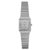 An image of an unworn Rado women's luxury wristwatch in excellent condition, displayed in a full frontal view. The watch has a rectangular white gold case with a silver dial featuring diamond markers and the Rado logo. The bezel color matches the silver of the dial. 18k white gold band adorned with diamonds on the links, viewed from a straight-on angle and at a close distance to highlight details.