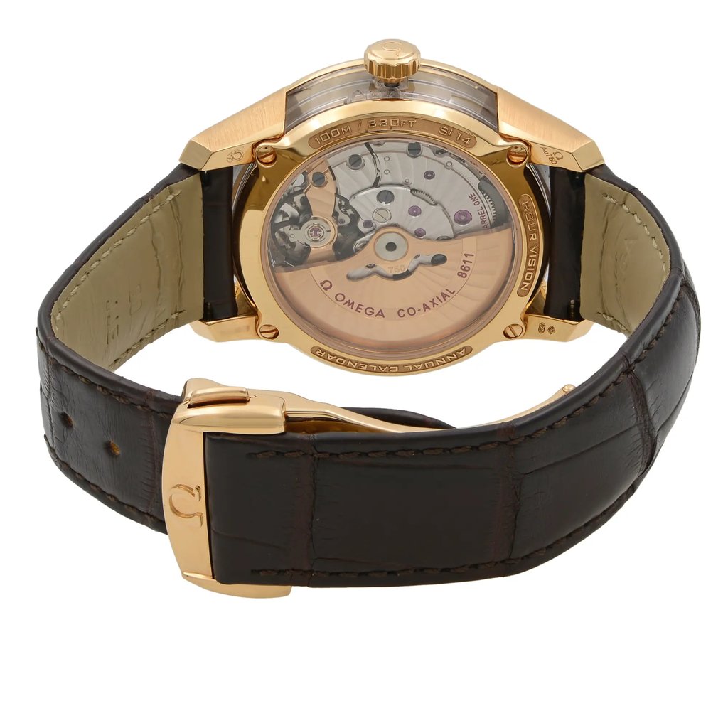 Back View Of Exhibition Back Case And Closed Leather Band Of OMEGA 431.63.41.22.02.001 Watch Pre Owned Condition