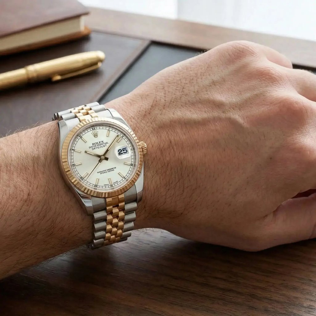An image of a pre-owned men's Rolex wristwatch displayed on a wrist. The watch is positioned at a slight angle, showing the face and part of the band. It features a date indicator and luminous hands. The band is a combination of gold and stainless steel tones. The image is taken from a close distance, capturing the details of the watch against a wooden table background with a pen and notebook nearby.