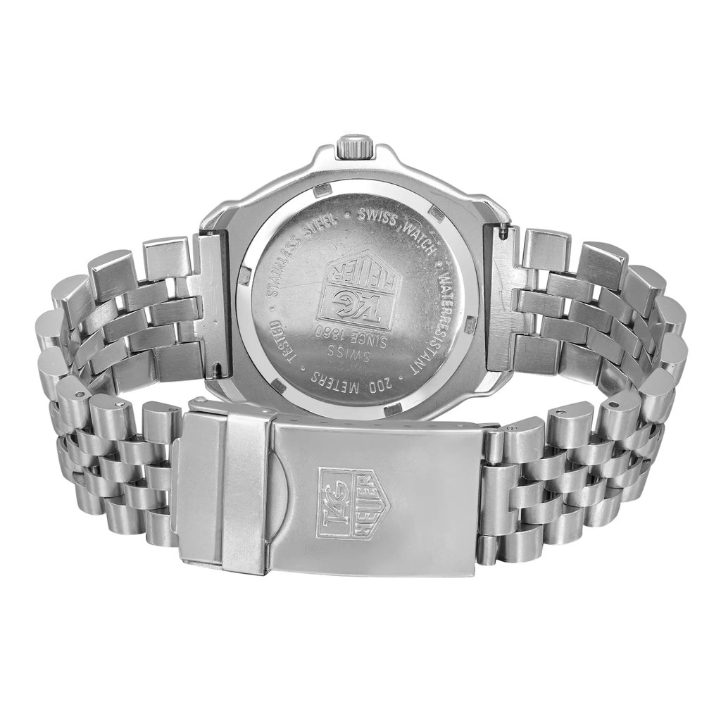 Back View Of Screwback Back Case And Closed Stainless Steel Band Of TAG Heuer WA1210 Watch Pre Owned Condition