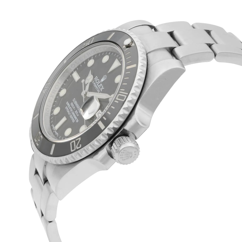An image of a pre-owned wristwatch shown from a side profile view, highlighting the crown. The watch is positioned at an angle, displaying its sleek design and metallic bracelet. The distance is close enough to capture fine details on the watch face and the textured crown.