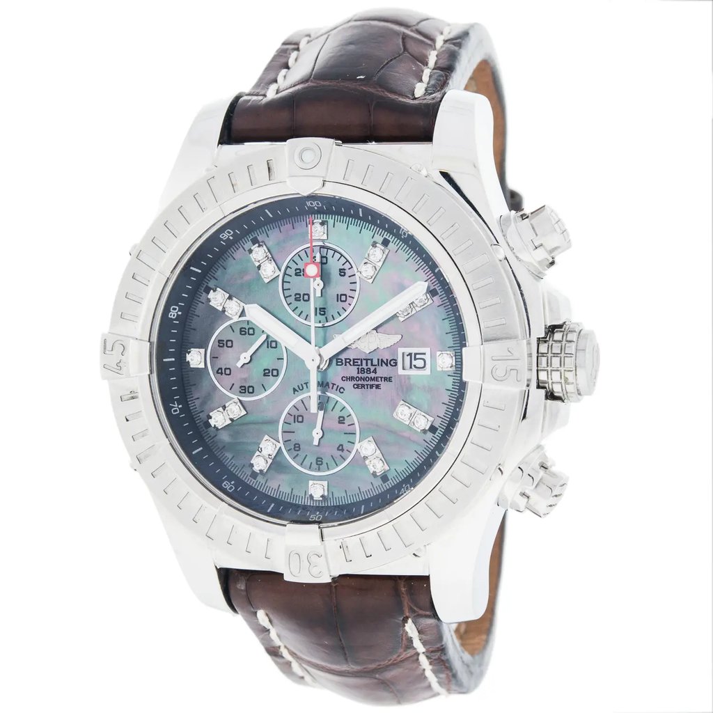 Up Close Front Facing Picture Of Breitling A13370 Stainless Steel Watch Pre Owned Condition