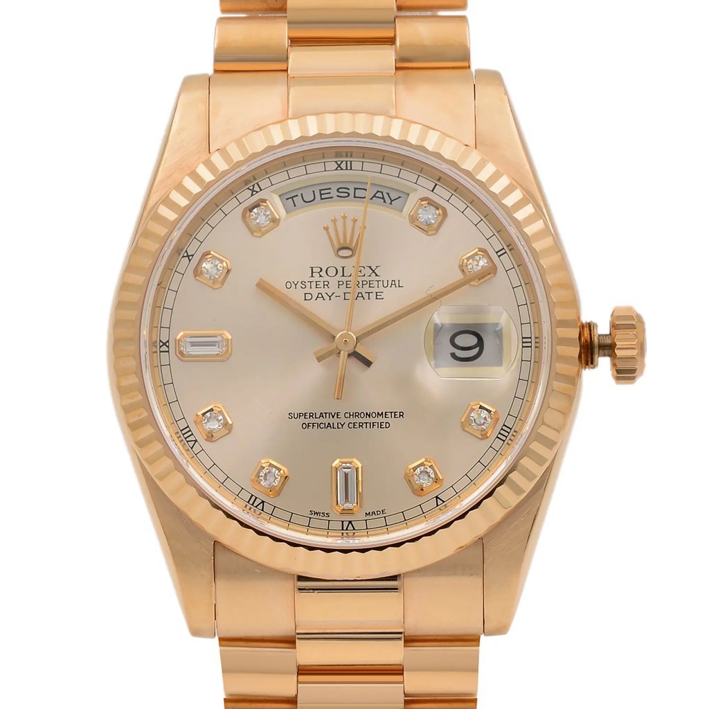 Up Close Front Facing Picture Of Rolex 118235 Rose Gold Watch Pre Owned Condition
