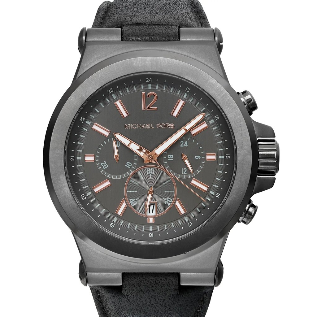 An image of a Wristwatch by Michael Kors. This New With Defects item is designed for Men, featuring a Casual style. It has a Quartz movement and an Analog display with a Gray dial color. The indices include 12-Hour Dial,Arabic Numerals,Multi Dial,Non-Numeric Hour Marks. The band is made of Leather and the case is made of Stainless Steel. The watch has a Round shape with a case size of 46 mm and a case thickness of 13 mm.