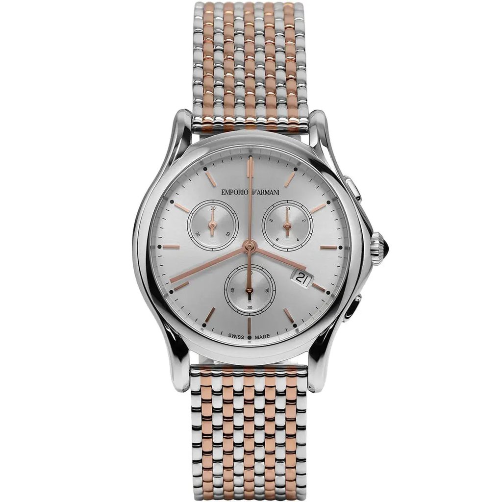 An image of a Wristwatch by Emporio Armani. This Display Model item is designed for Women, featuring a Classic style. It has a Quartz movement and an Analog display with a Silver dial color. The indices include 12-Hour Dial,Non-Numeric Hour Marks. The band is made of Stainless Steel and the case is made of Stainless Steel. The watch has a Round shape with a case size of 36 mm and a case thickness of 11 mm.