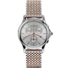 An image of a Wristwatch by Emporio Armani. This Display Model item is designed for Women, featuring a Classic style. It has a Quartz movement and an Analog display with a Silver dial color. The indices include 12-Hour Dial,Non-Numeric Hour Marks. The band is made of Stainless Steel and the case is made of Stainless Steel. The watch has a Round shape with a case size of 36 mm and a case thickness of 11 mm.