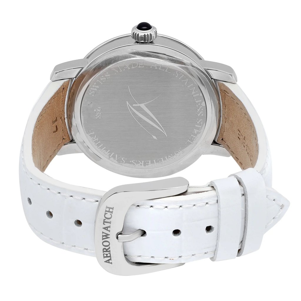 Back View Of Snap Back Case And Closed Leather Band Of AEROWATCH 43938-AA03 Watch Display Model Condition