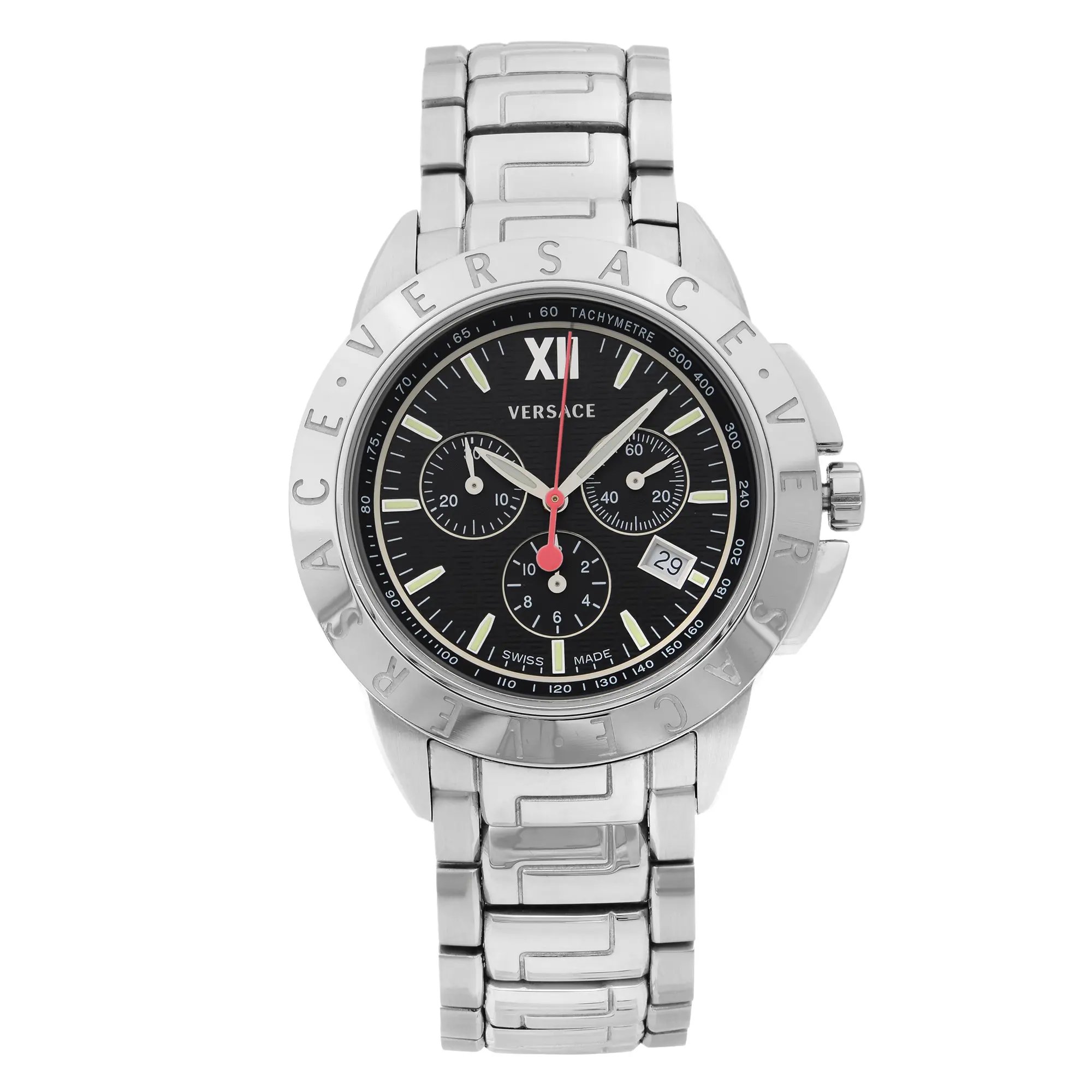 An image of a Wristwatch by Versace. This Pre Owned item is designed for Men, featuring a Dress/Formal style. It has a Quartz movement and an Analog display with a Black dial color. The indices include 12-Hour Dial,Non-Numeric Hour Marks,Roman Numerals, Sticks. The band is made of Stainless Steel and the case is made of Stainless Steel. The watch has a Round shape with a case size of 44 mm and a case thickness of 11 mm.
