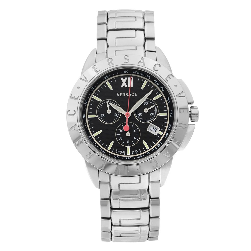 An image of a Wristwatch by Versace. This Pre Owned item is designed for Men, featuring a Dress/Formal style. It has a Quartz movement and an Analog display with a Black dial color. The indices include 12-Hour Dial,Non-Numeric Hour Marks,Roman Numerals, Sticks. The band is made of Stainless Steel and the case is made of Stainless Steel. The watch has a Round shape with a case size of 44 mm and a case thickness of 11 mm.