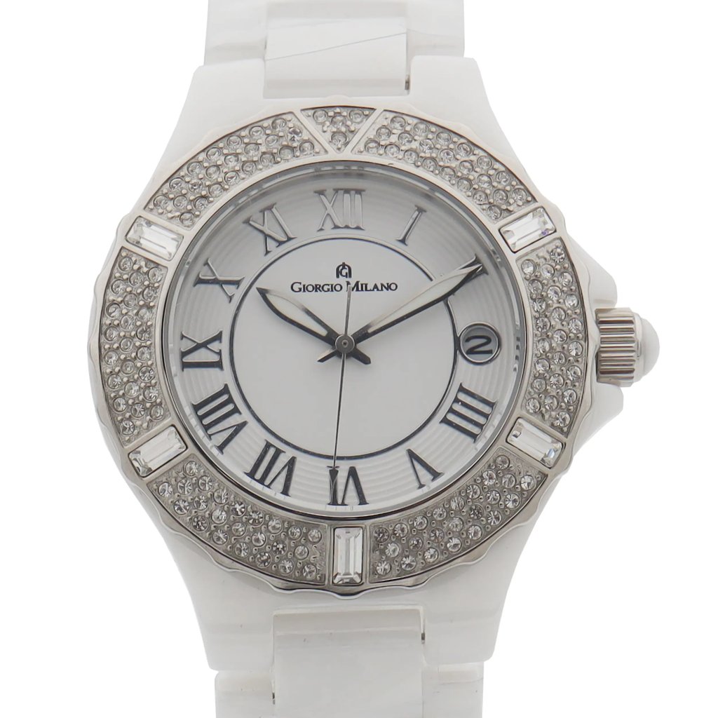 Up Close Front Facing Picture Of Giorgio Milano 863CWST01 Stainless Steel Watch Display Model Condition