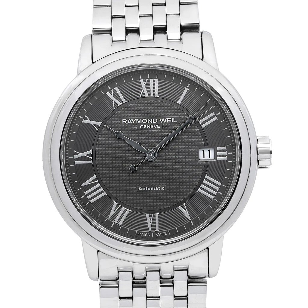 Up Close Front Facing Picture Of RAYMOND WEIL 2837-ST-00609 Stainless Steel Watch Display Model Condition