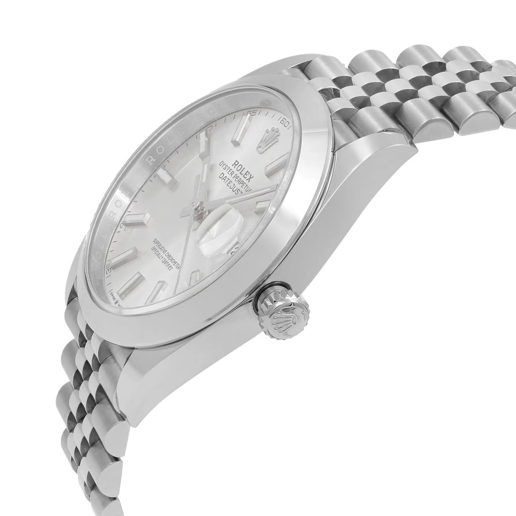 View Of Crown Facing Side Of Rolex 126300 Stainless Steel Watch Display Model Condition