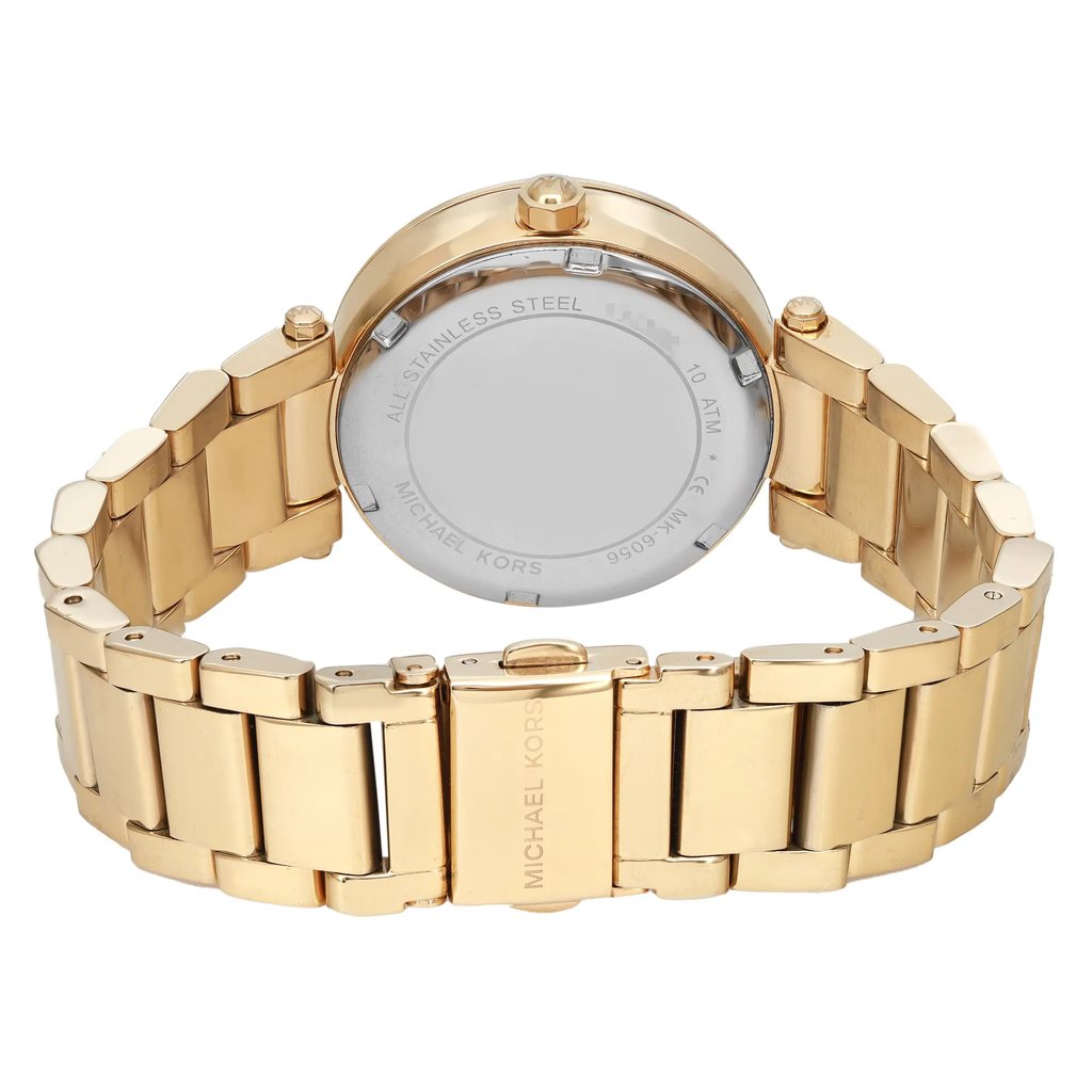 An image of a Wristwatch by Michael Kors. This New With Defects item is designed for Women, featuring a Dress/Formal style. It has a Quartz movement and an Analog display with a Champange dial color. The indices include Stick Indexes. The band is made of Stainless Steel and the case is made of Stainless Steel. The watch has a Round shape with a case size of 33 mm and a case thickness of 10 mm.