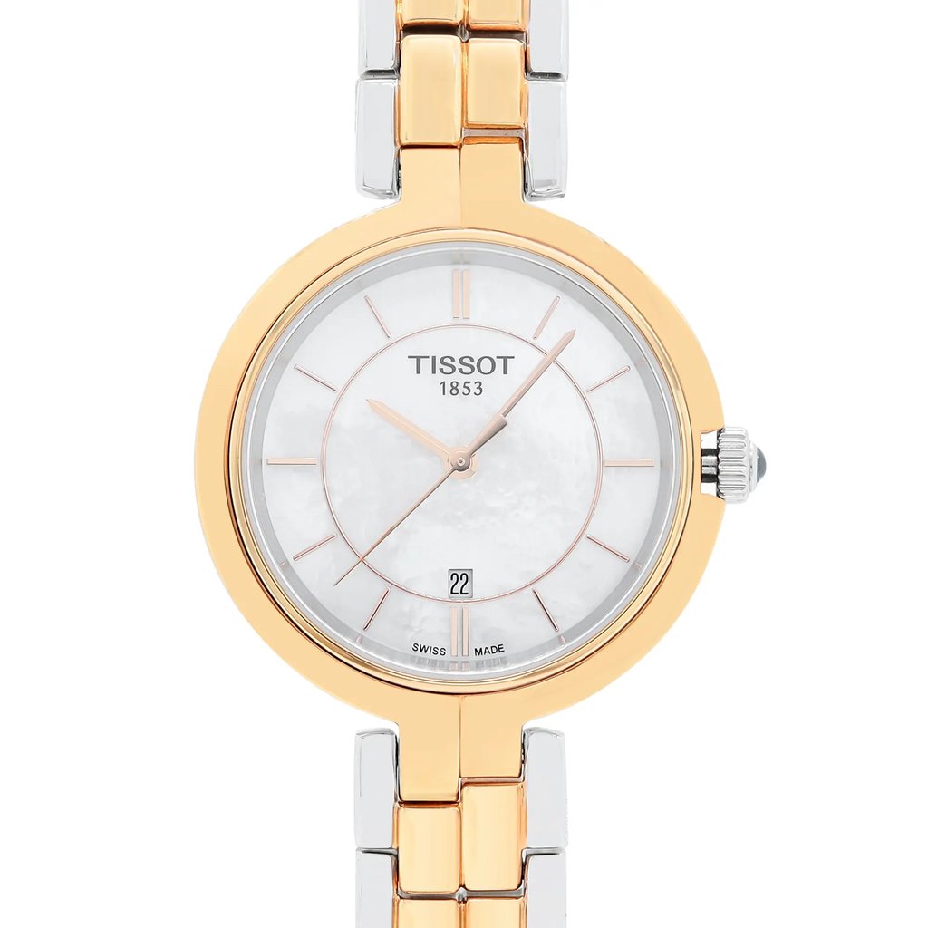 An image of a Wristwatch by Tissot. This Display Model item is designed for Women, featuring a Dress/Formal style. It has a Quartz movement and an Analog display with a White dial color. The indices include 12-Hour Dial,Stick Indexes. The band is made of Stainless Steel and the case is made of Stainless Steel. The watch has a Round shape with a case size of 30 mm and a case thickness of 7 mm.