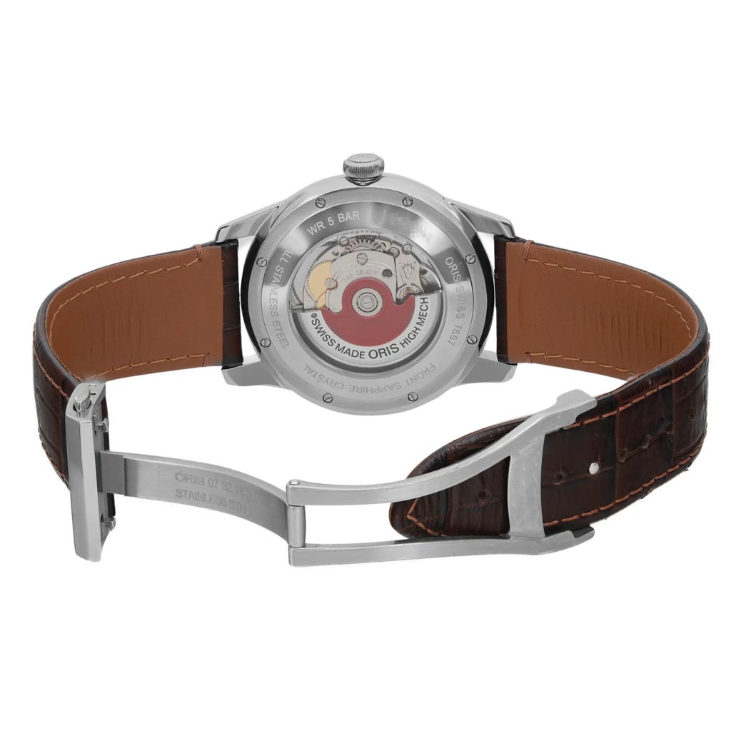 Back View Of Screwback Back Case And Open Leather Band Of Oris 01 749 7667 4051-07 5 21 70FC Watch Pre Owned Condition