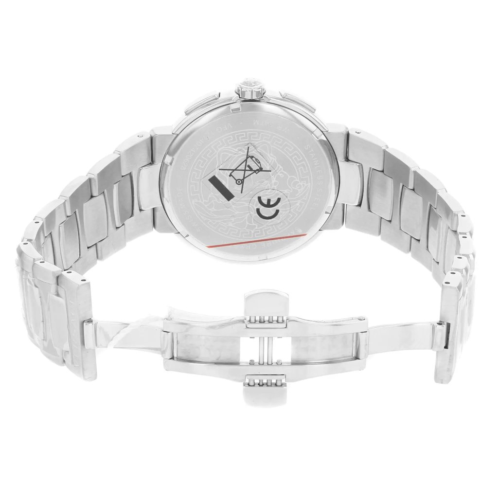 Back View Of Solid Back Case And Open Stainless Steel Band Of Versace VFG120015 Watch Display Model Condition