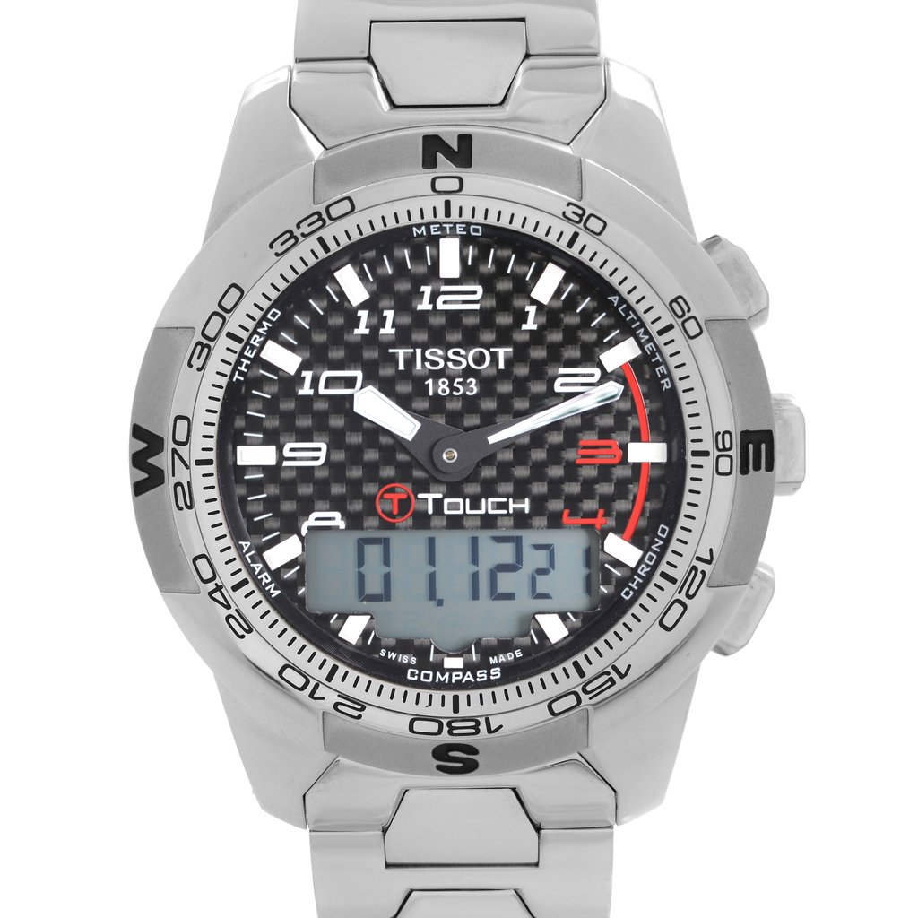 Up Close Front Facing Picture Of Tissot T047.420.44.207.00 Titanium Watch Pre Owned Condition