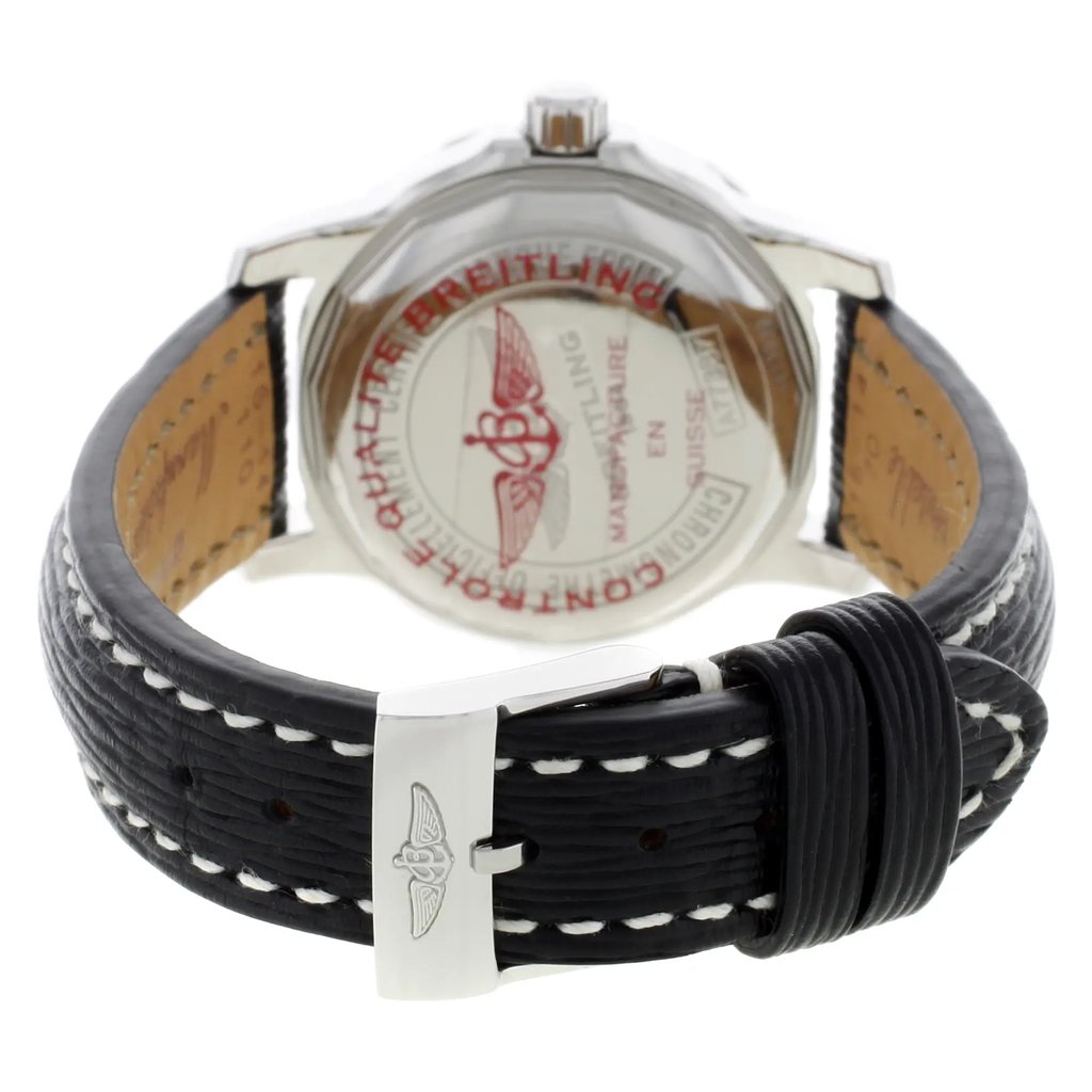 Back View Of {Caseback} Back Case And Closed Leather Band Of Breitling A77387-351 Watch Display Model Condition