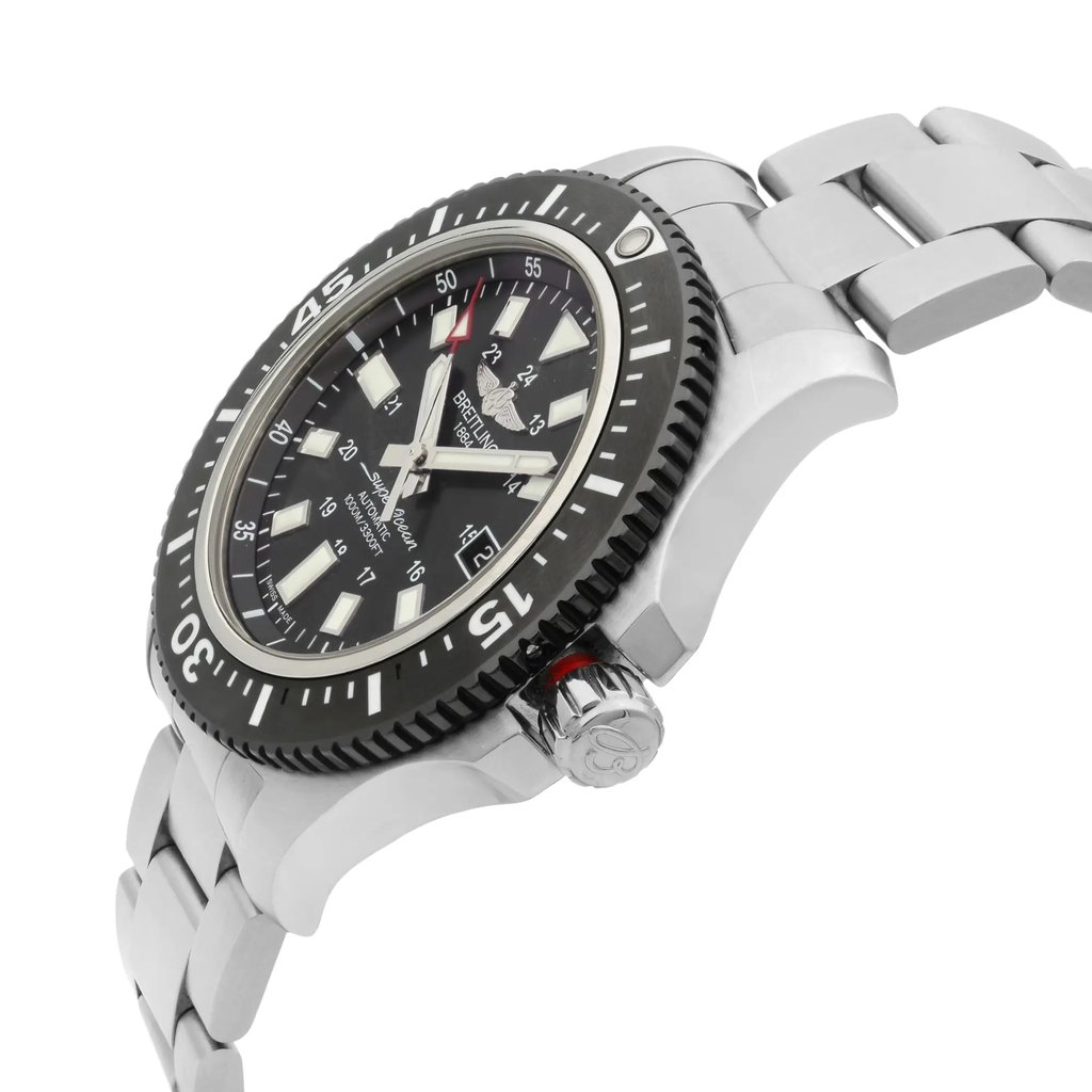 View Of Crown Facing Side Of Breitling Y17393101B1A1 Stainless Steel Watch Display Model Condition