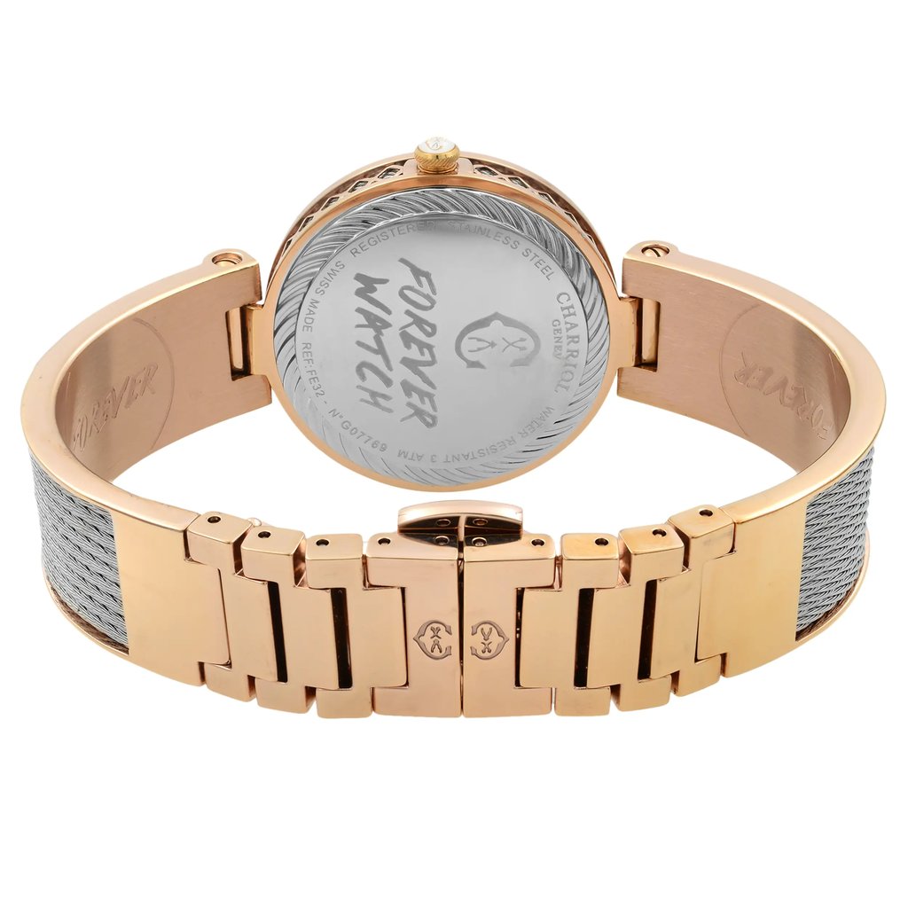 An image of a pre-owned wristwatch showing the back view. The focus is on the closed clasp and the back of the watch case, which is engraved with text. The watch features a combination of rose gold and silver-tone elements. The angle captures the entire bracelet and clasp from a close distance, highlighting the metal links and detailing.