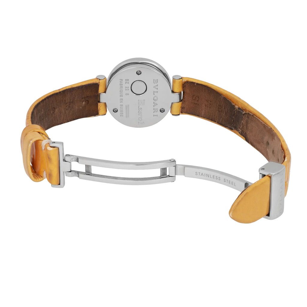 Back View Of Screwback Back Case And Open Leather Band Of Bvlgari BZ22S Watch Pre Owned Condition
