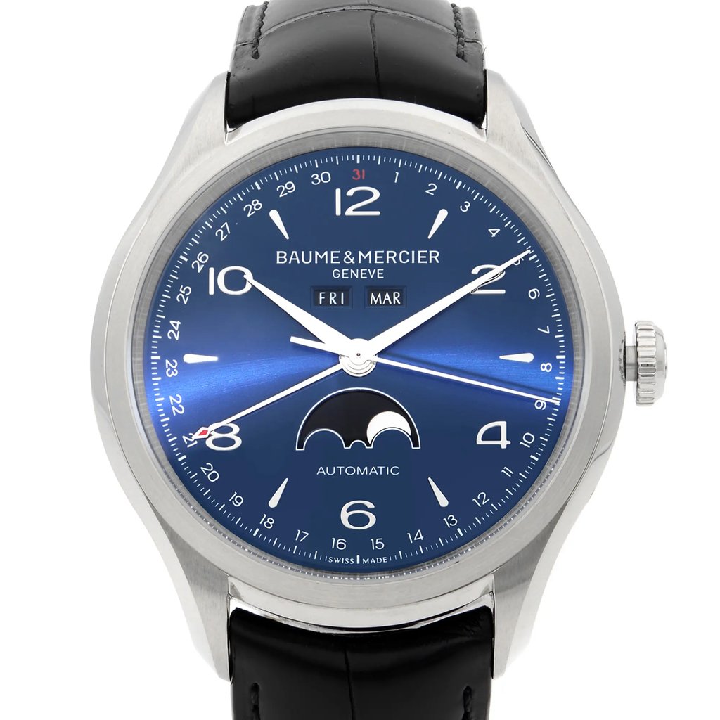 Up Close Front Facing Picture Of Baume & Mercier MOA10057 Stainless Steel Watch Display Model Condition