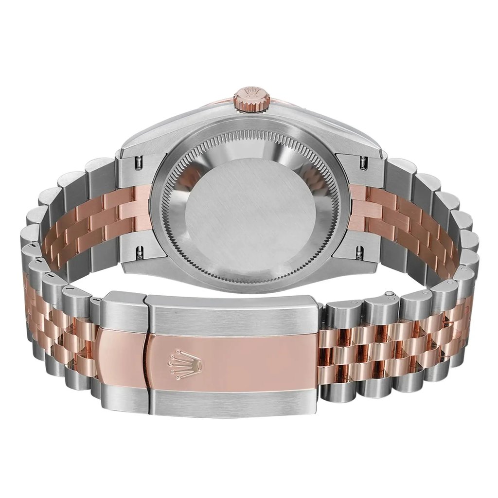 Back View Of Solid Back Case And Closed Rose Gold,Stainless Steel Band Of Rolex 126231 Watch New Condition
