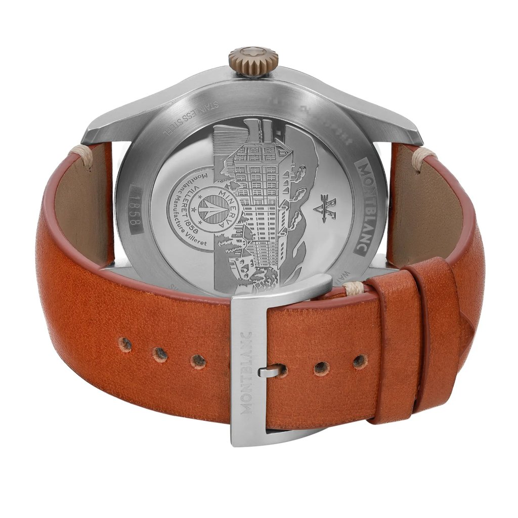 An image of a pre-owned wristwatch from the back view, showcasing the closed clasp. The watch features a brown leather strap and a stainless steel case back with engraved details. The angle is slightly above and close-up, highlighting the clasp and the back design.
